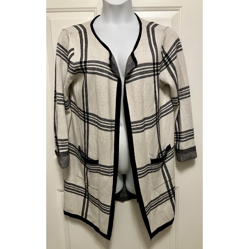 ELLE Cardigan Women's XL Open‎ Front Long Sweater 3/4 Sleeve Black Ivory Plaid
